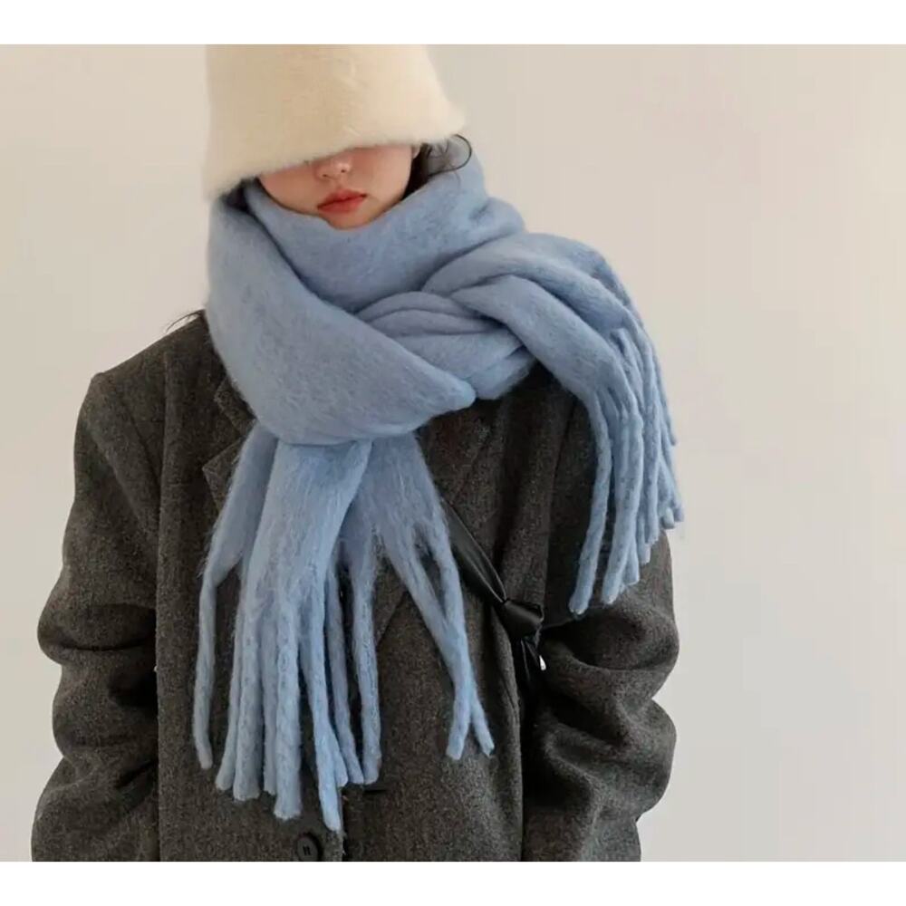 Oversized Fuzzy Soft Baby Blue Scarf Shawl Fringe Cottagecore‎ Snuggly NWT
